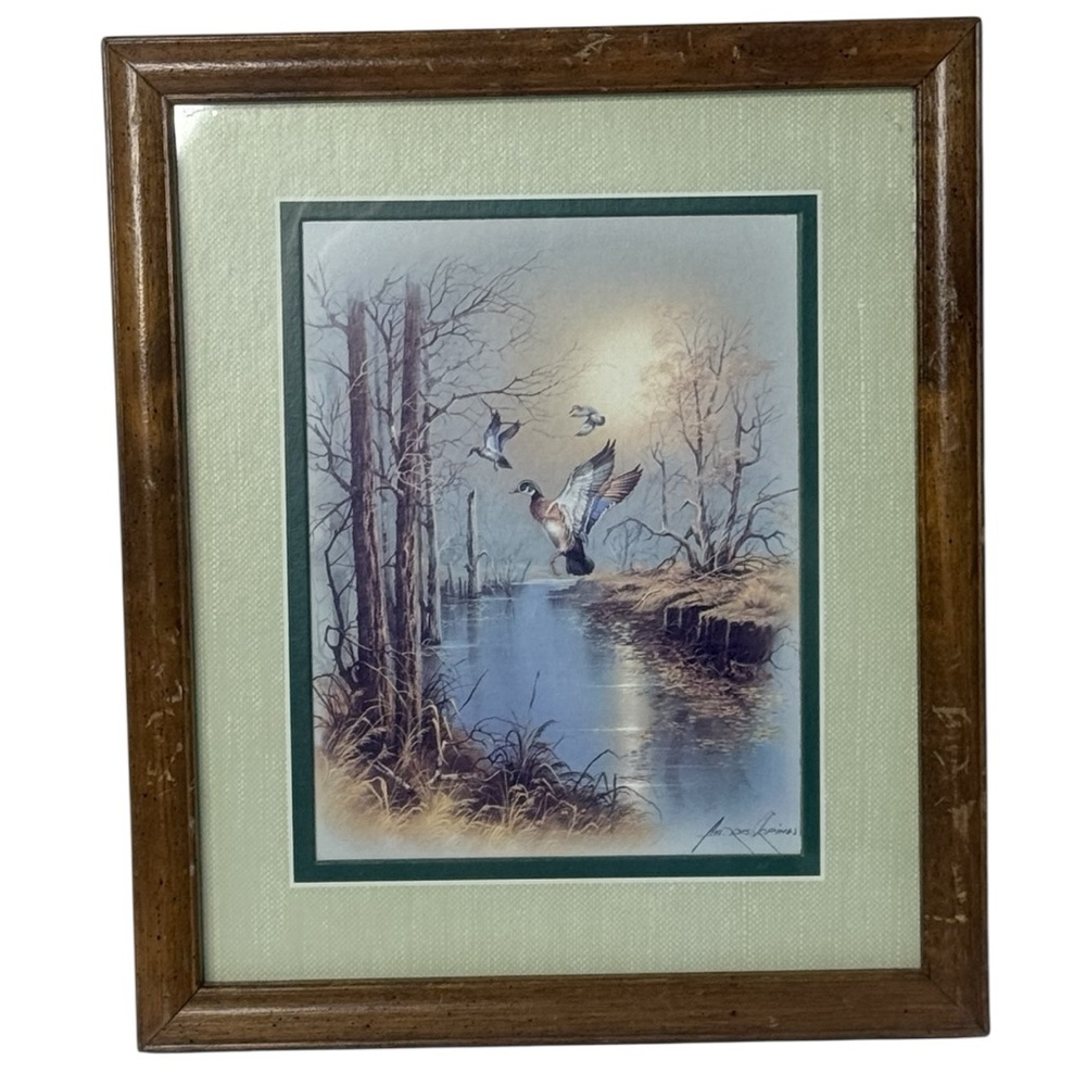 Ducks in Flight Wildfowl Mallard Framed Matted Signed Andres Orpinas 11.5" x 13"